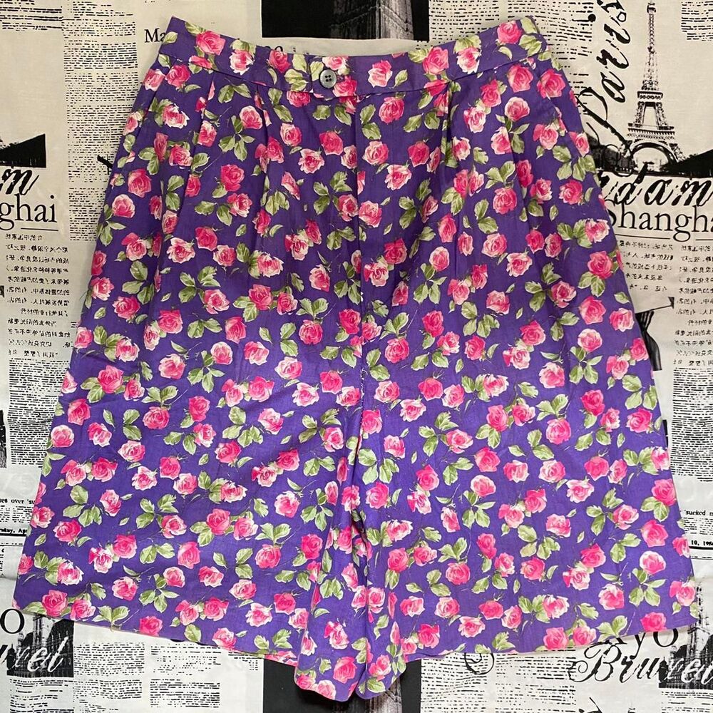 Jean Bell Women's Purple pink high waist pleated shorts floral rose vintage 90s